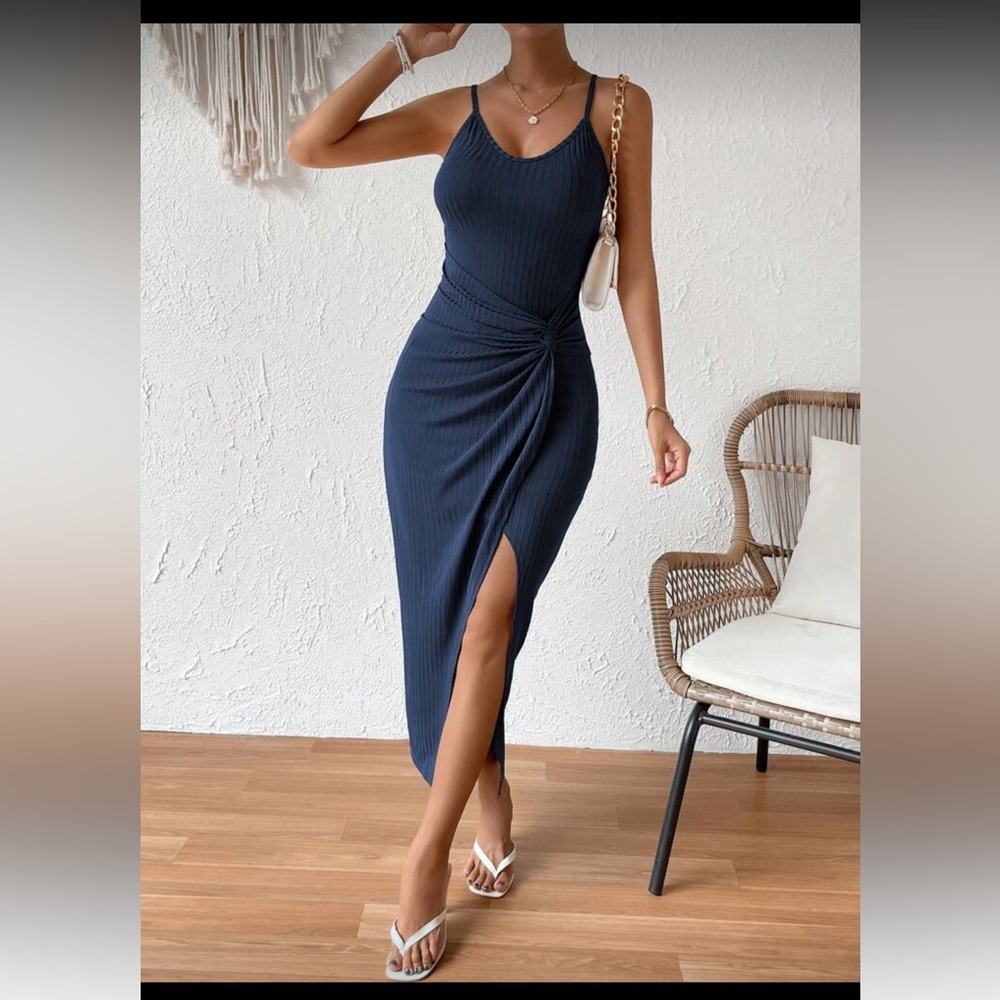 SHEIN - Navy Ribbed Twist-Front Slip Dress